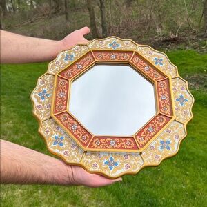 Vintage Boho Peruvian Octagonal Reverse Painted Glass Panel Ornate Wall Mirror